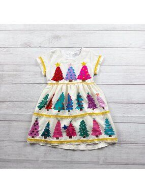 Mini Taylor Girls Christmas Dress Holiday Colorful Tree Print Party 4-5
